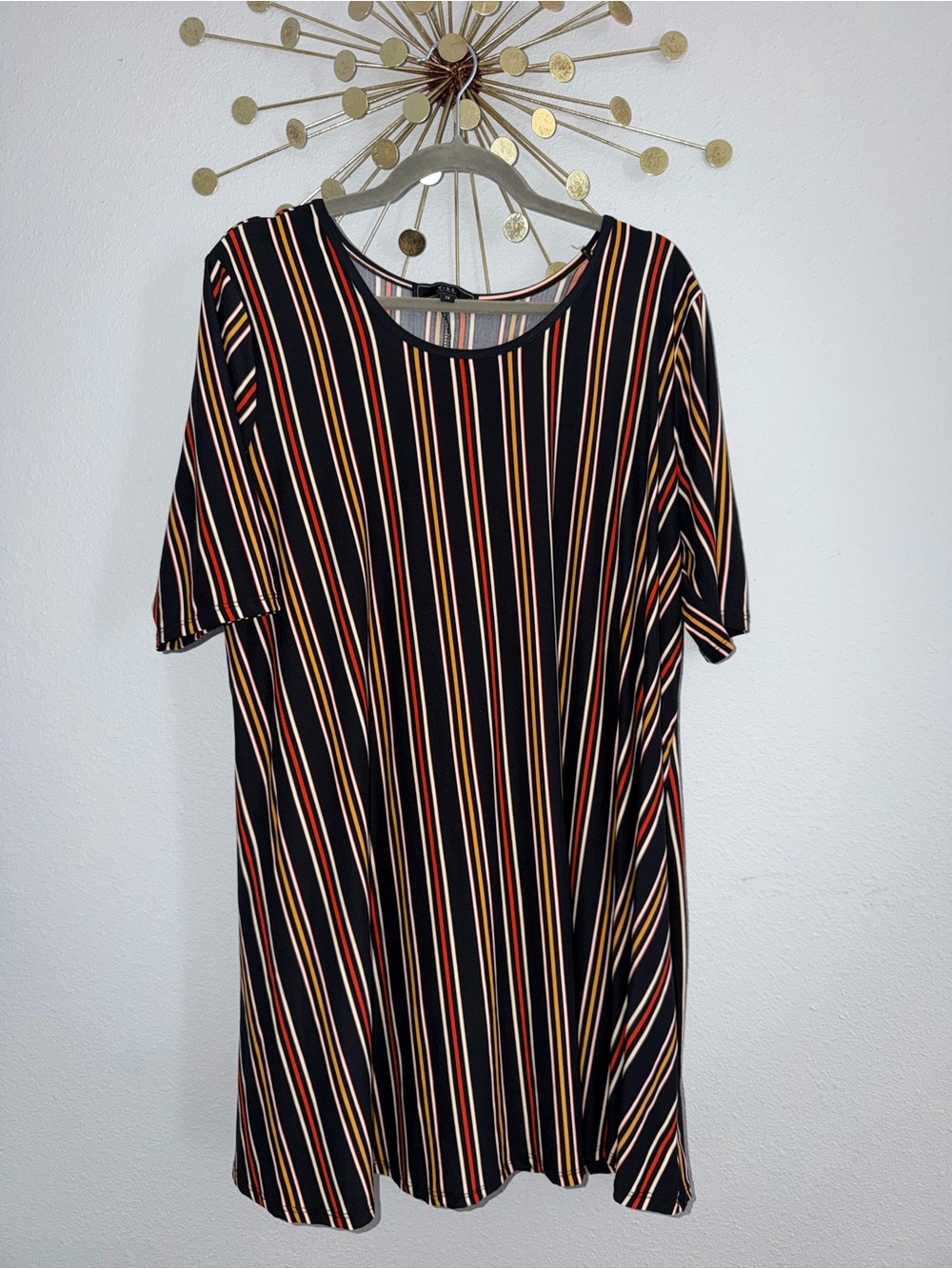 Black Striped Short Sleeve Tunic with Red and Mustard Stripes